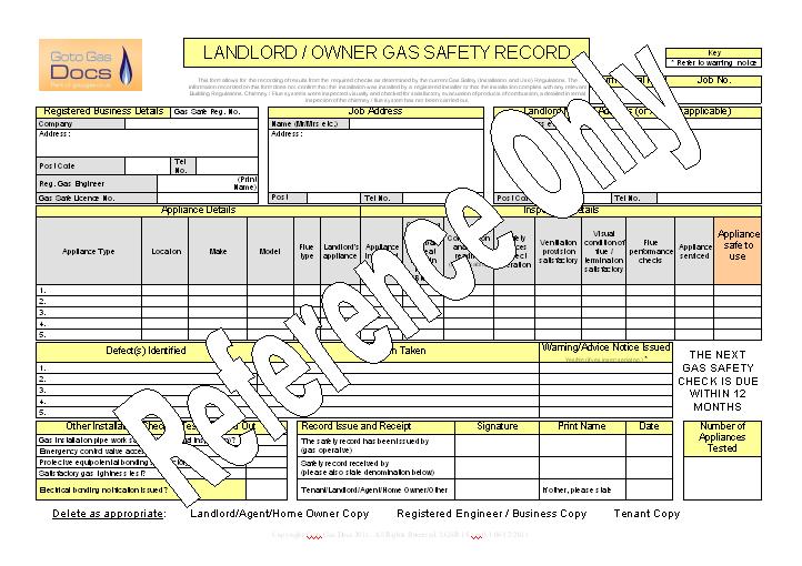 Gas Forms: Landlord Gas Safety Record / Certificate (Word Template)